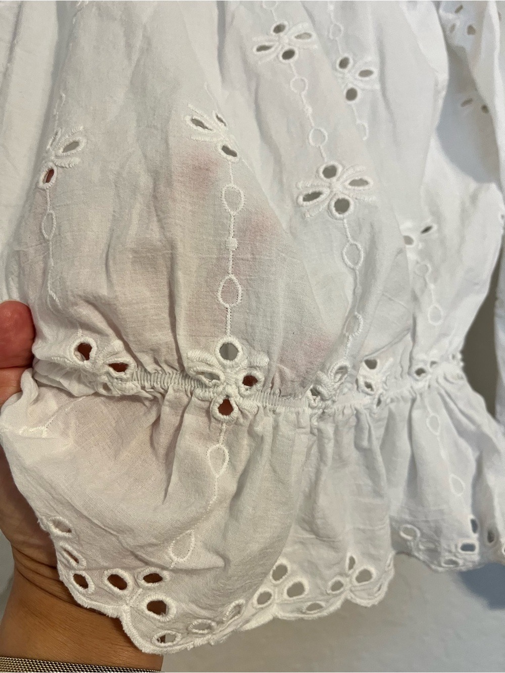 White Eyelet Peplum Blouse XS Off Shoulder 100% Cotton Cottagecore Boho Milkmaid - Picture 5 of 7